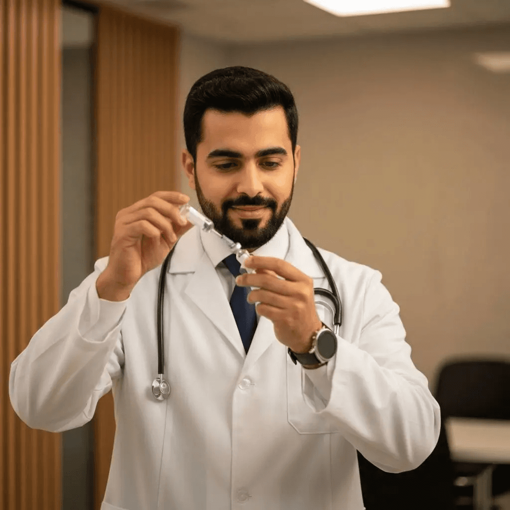Doctor in white coat carefully preparing a syringe dose